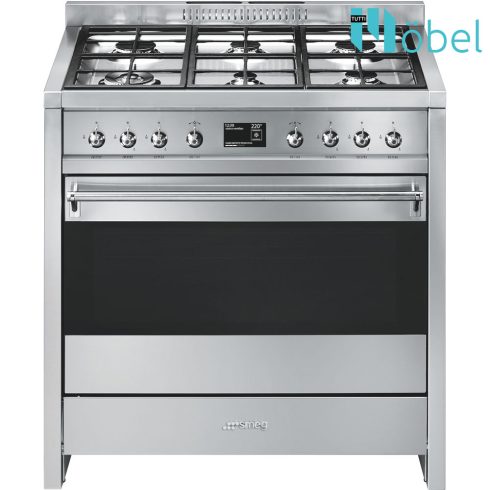 SMEG szabadonálló cooker, 90 cm, gáz főzőlappal, 115 l sütőtér, pirolitikus tisztítás, LCD kijelző, 6 gázégő, Classica design, inox