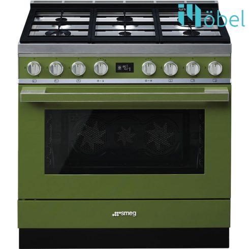 SMEG szabadonálló cooker, 90 cm, gáz főzőlappal, 115 l sütőtér, pirolitikus tisztítás, LCD kijelző, 6 gázégő, Portofino design, olívazöld