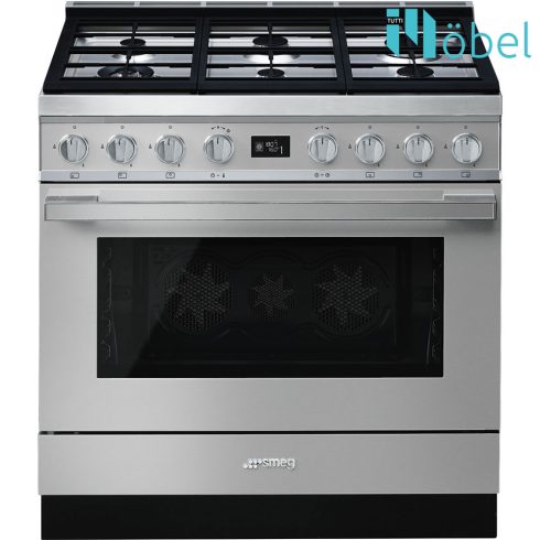 SMEG szabadonálló cooker, 90 cm, gáz főzőlappal, 115 l sütőtér, pirolitikus tisztítás, LCD kijelző, 6 gázégő, Portofino design, inox