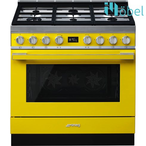 SMEG szabadonálló cooker, 90 cm, gáz főzőlappal, 115 l sütőtér, pirolitikus tisztítás, LCD kijelző, 6 gázégő, Portofino design, sárga