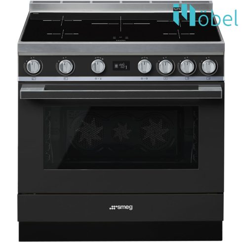 SMEG szabadonálló cooker, 90 cm, indukciós főzőlappal, 115 l sütőtér, pirolitikus tisztítás, LCD kijelző, 5 zóna, Portofino design, antracit