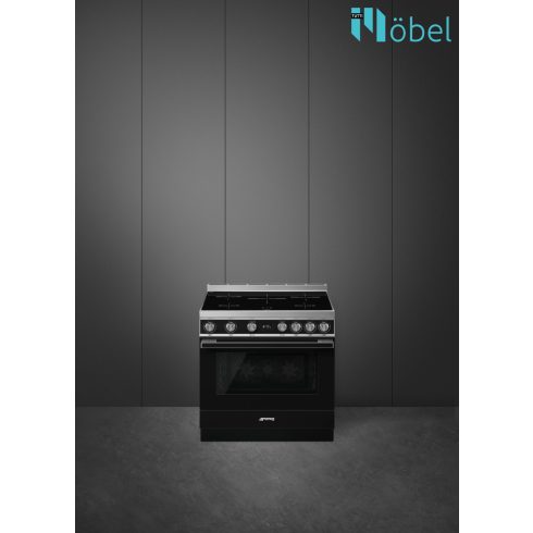 SMEG szabadonálló cooker, 90 cm, indukciós főzőlappal, 115 l sütőtér, pirolitikus tisztítás, LCD kijelző, 5 zóna, Portofino design, fekete