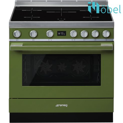 SMEG szabadonálló cooker, 90 cm, indukciós főzőlappal, 115 l sütőtér, pirolitikus tisztítás, LCD kijelző, 5 zóna, Portofino design, olívazöld