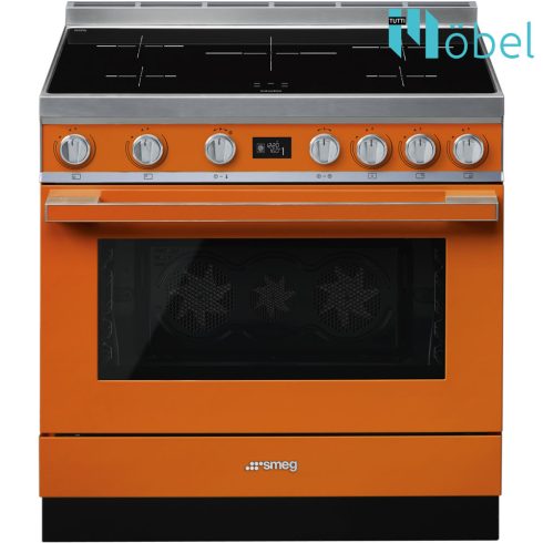 SMEG szabadonálló cooker, 90 cm, indukciós főzőlappal, 115 l sütőtér, pirolitikus tisztítás, LCD kijelző, 5 zóna, Portofino design, narancs