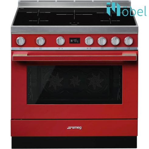 SMEG szabadonálló cooker, 90 cm, indukciós főzőlappal, 115 l sütőtér, pirolitikus tisztítás, LCD kijelző, 5 zóna, Portofino design, piros