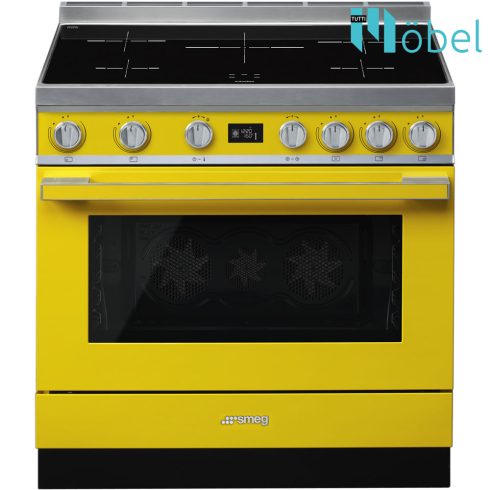 SMEG szabadonálló cooker, 90 cm, indukciós főzőlappal, 115 l sütőtér, pirolitikus tisztítás, LCD kijelző, 5 zóna, Portofino design, sárga